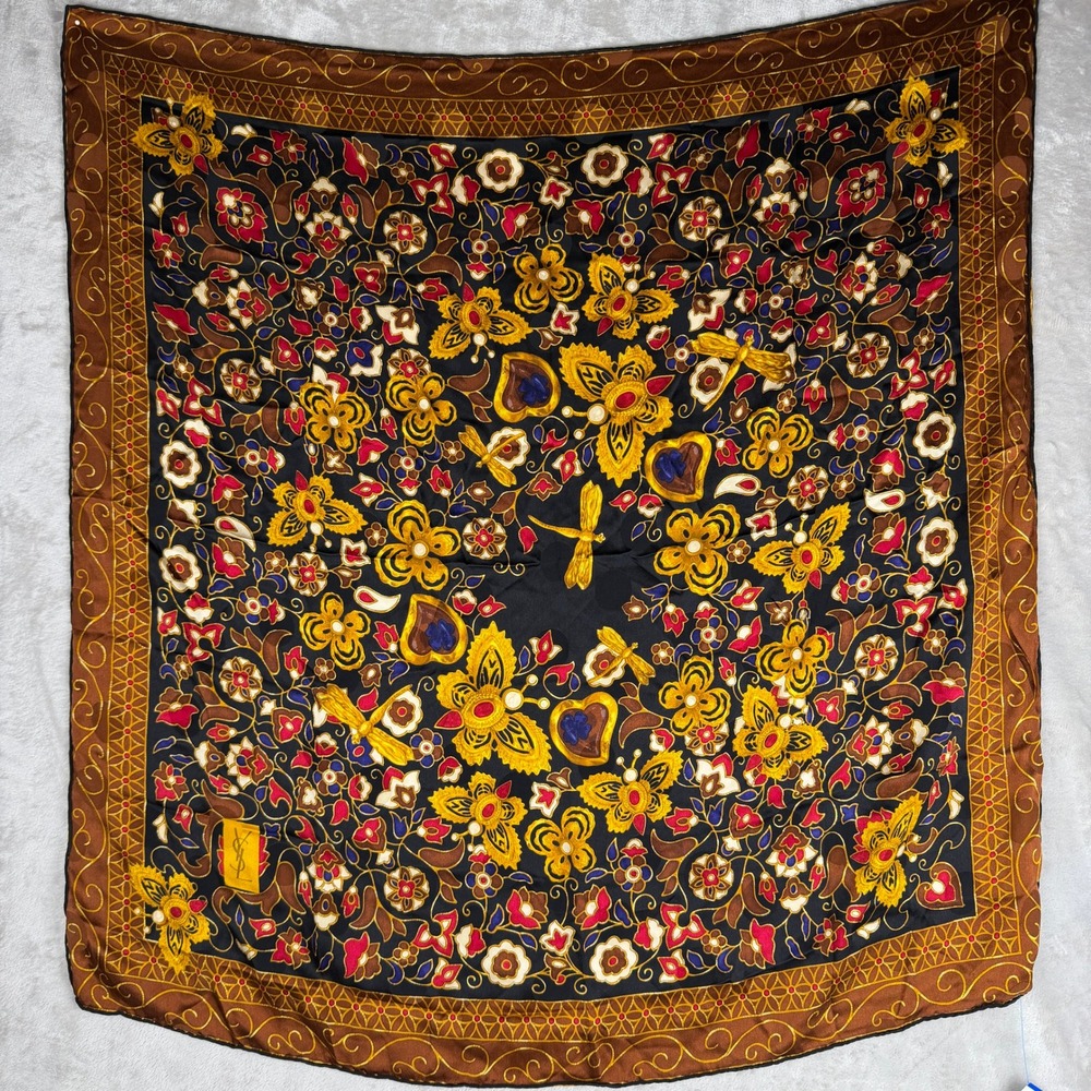 YSL Yves Saint Laurent Silk Scarf Floral Dragonfly Butterfly Black Brown 34x34